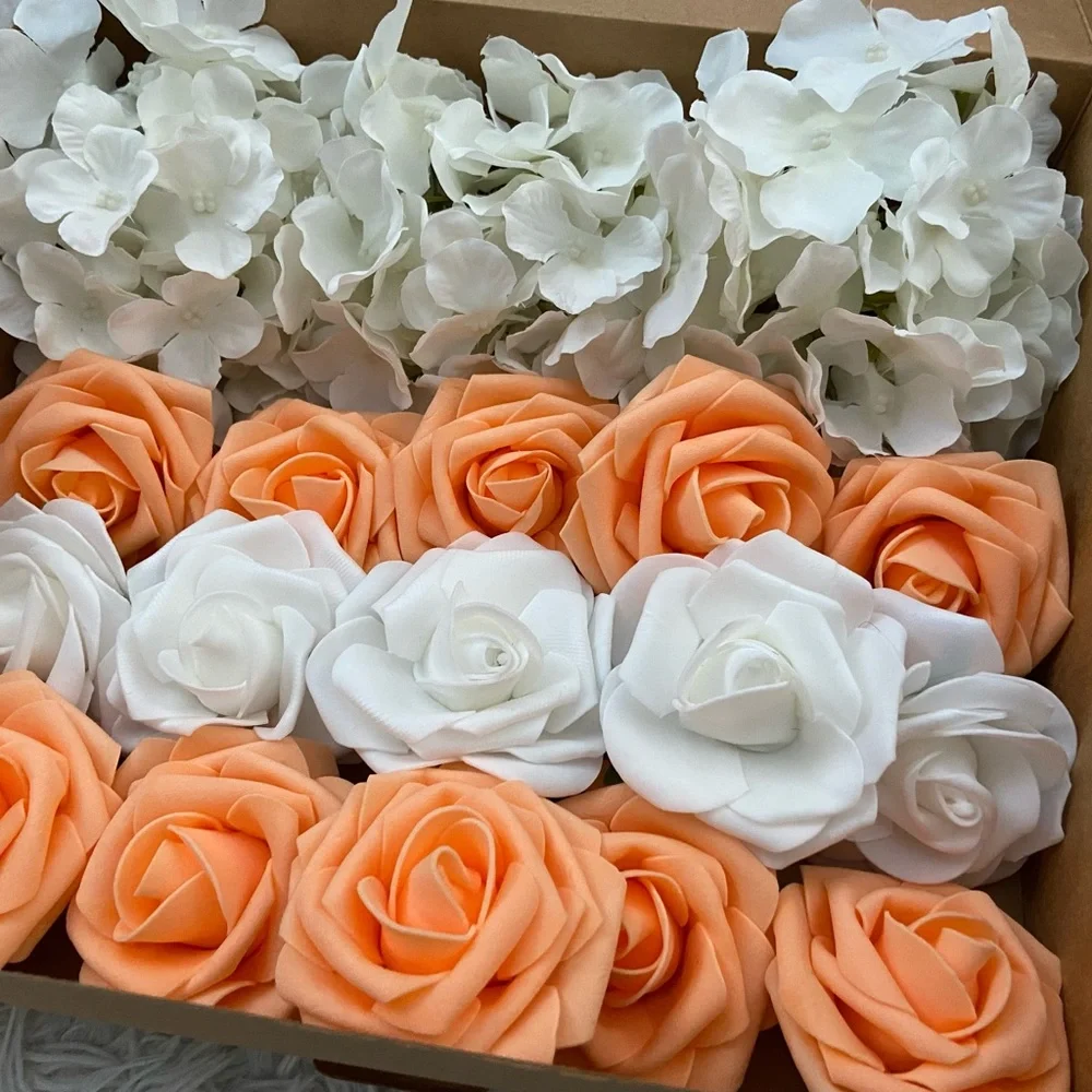 25 count | White Hydrangeas Orange Roses Eucalyptus Wedding Bouquet Centerpiece